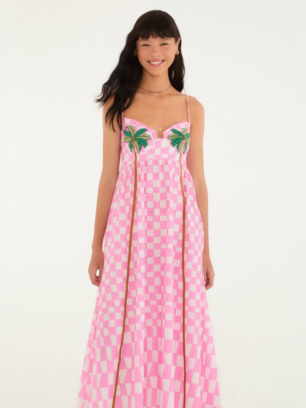 FARM Rio Pink Checkered Maxi Dress with Palm Embroidery